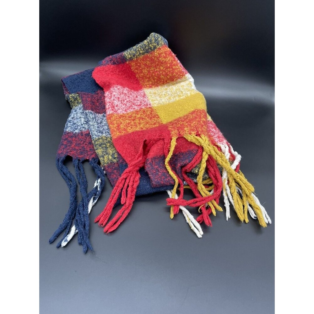 Plaid Shoulder Wrap Scarf Fringe Long Navy Blue Maroon Yellow White Warm Fall